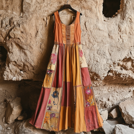 Women's Vintage Floral Contrast Sleeveless Dress artswardrobe
