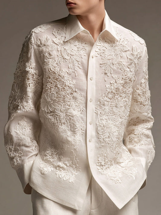 Men's Floral Lace Embroidered Long Sleeve Linen Shirt artswardrobe