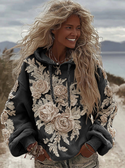 Women's Classic Romantic White Rose Embroidery Art Comfy Hoodie artswardrobe