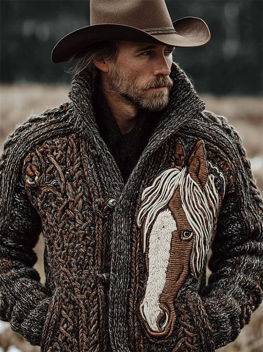 Men's Western Horse Celtic Cozy Chunky Cardigan artswardrobe