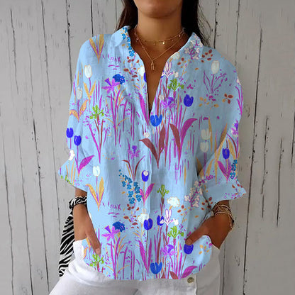 Comstylish Women's Floral Print Long Sleeve Casual Linen Blend Shirt