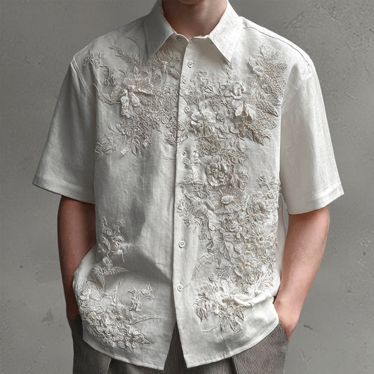 Men's Floral Lace Embroidered Vintage Linen Shirt artswardrobe