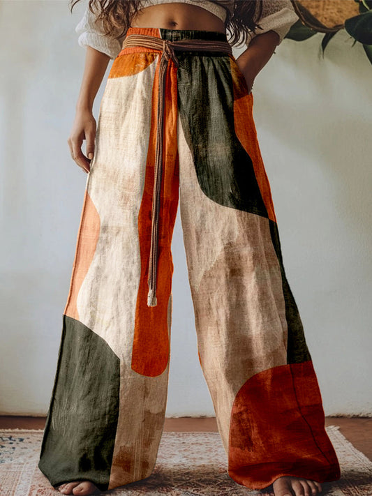 Vintage Abstract Boho Art Linen Blend Casual Pants artswardrobe