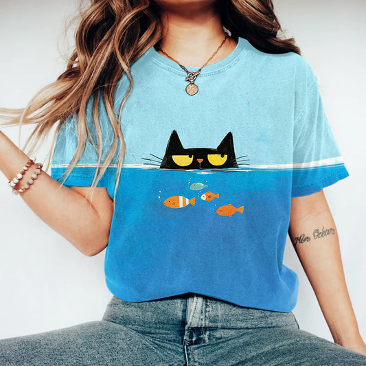 Comstylish Women's Funny Cat And Fish Print Crew Neck Short Sleeve T-shirt