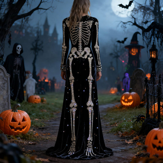 Comstylish Women's Halloween Skull Sequined Velvet Crew Neck Maxi Dress