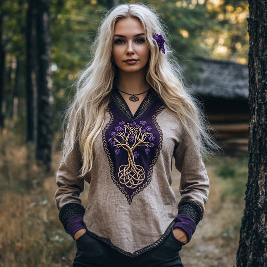 Women's Viking Purple Blossom Tree Of Life Patchwork Linen Shirt artswardrobe