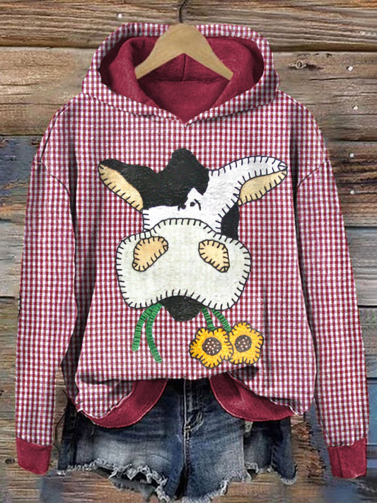 Cute Cow Applique Plaid Cozy Hoodie artswardrobe