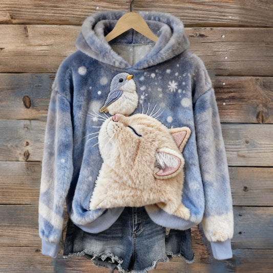 Comstylish Cute Cat & Bird Embroidered Cozy Plush Hoodie