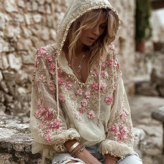 Comstylish Women's Pink Floral Embroidery Art V-neck Linen Blend Hoodie