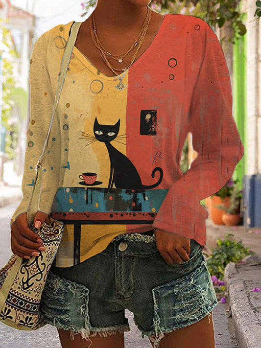Women's Casual  Art Funny Black Cat Print T-shirt elevenforest