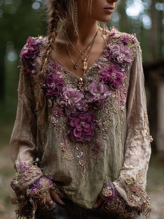 Comstylish Bohemian Style Round Neck Long Sleeve 3d Purple Flower Design Cotton And Linen Top For Women