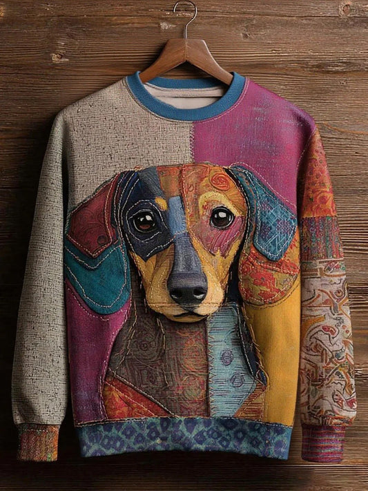 Comstylish Women's Vintage Patchwork Dog Art Print Casual Sweatshirt