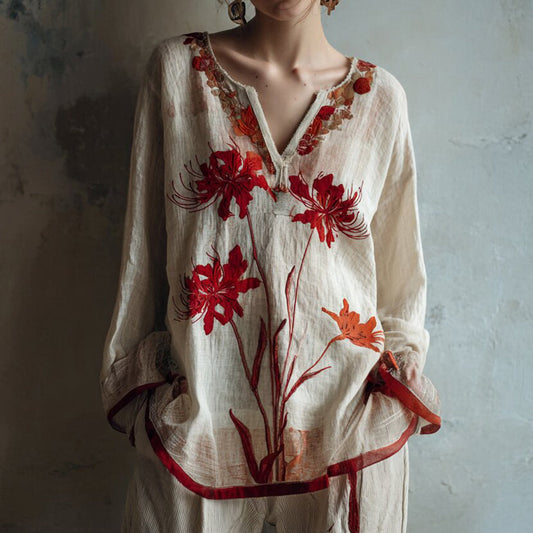 Comstylish Women's Japanese Spider Lily Embroidered Cotton And Linen Shirt