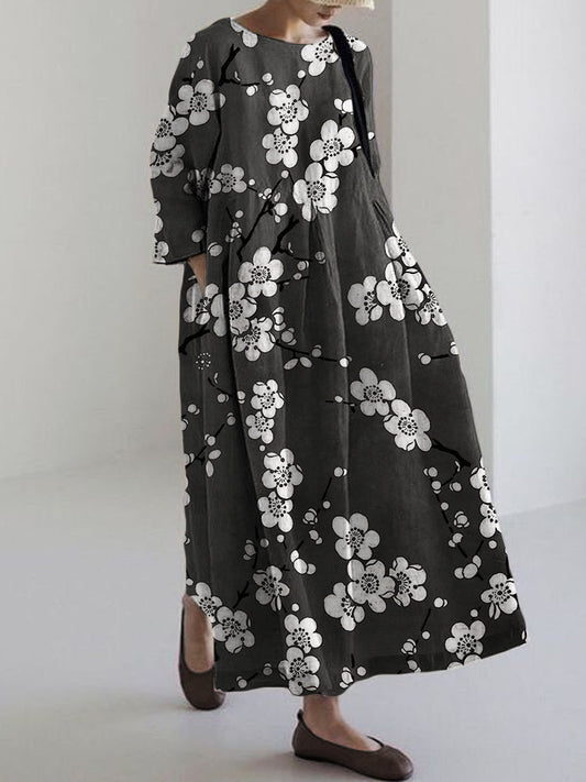 Comstylish Plum Blossom Japanese Lino Pattern Linen Blend Maxi Dress