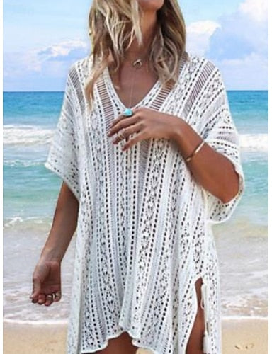 Swimwear Cover Up Swim Dress Swimsuit Cut Out Vacation Beach Wear Color V Neck Short Sleeves Bathing Suits