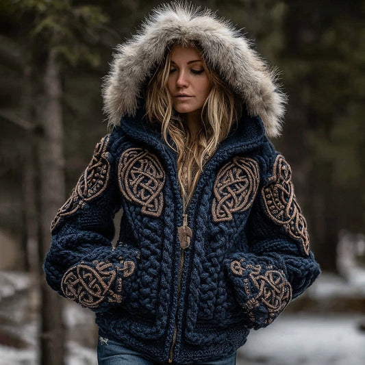 Comstylish Women's Viking Celtic Knot Art Cozy Fur Collar Knit Hooded Sweater Jacket