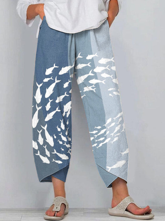 Comstylish Women's Ocean Fish Print Gradient Linen Blend Pants