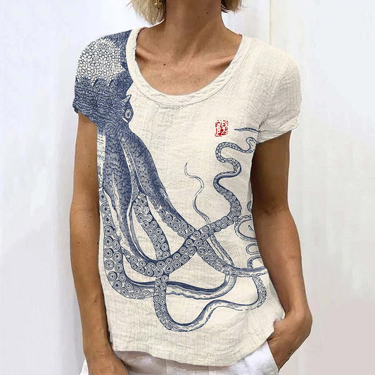 Comstylish Retro Japanese Art Octopus And Crab Linen Casual T-Shirt
