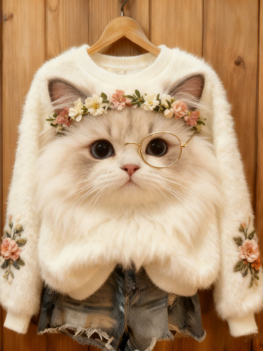 Comstylish Flower Wreath Cute Cat Flannel Round Neck Sweatshirt