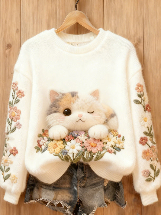 Floral Cat Flannel Crewneck Sweatshirt elevenforest