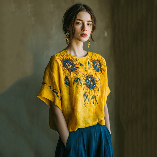 Sunflower Hand-beaded Embroidery Oil Painting Style Linen T-shirt artswardrobe