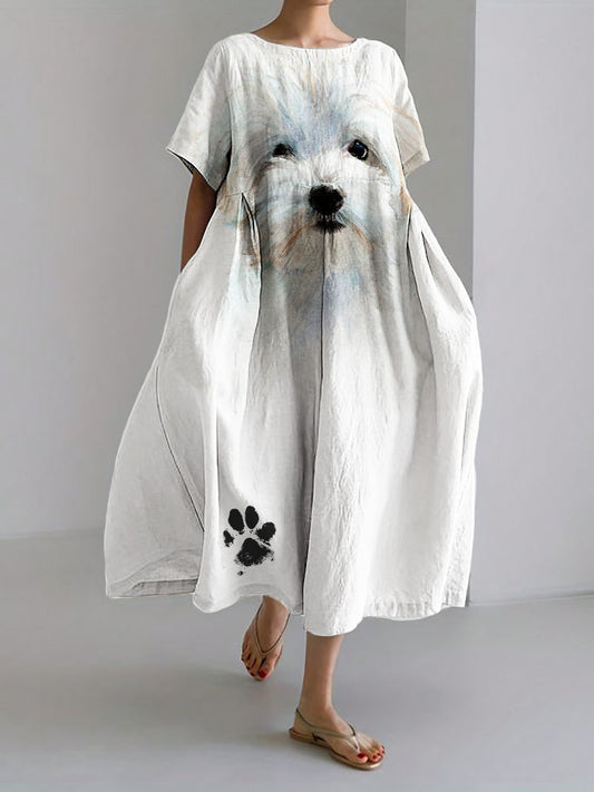 Comstylish Lovely Fuzzy Dog Paw Print Linen Blend Maxi Dress