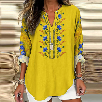Comstylish Women's Ukraine Embroidered Flower V-neck Linen Blend Blouse