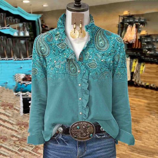 Comstylish Women's Vintage Western Paisley Print Casual Long Sleeve Shirt