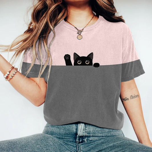 Comstylish Women's Cute Black Cat Art Print T-shirt