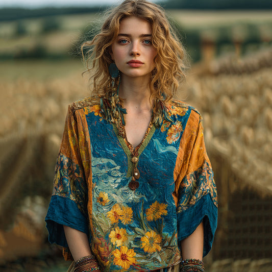 Starry Sunflower Patchwork Oil Painting V-neck T-shirt artswardrobe