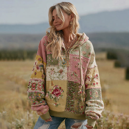 Comstylish Women's Vintage Floral Patchwork Zipper Casual Hooded