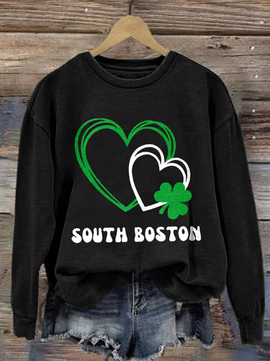 Comstylish Retro St Patrick's Day Love Heart Shamrock South Boston Print Sweatshirt