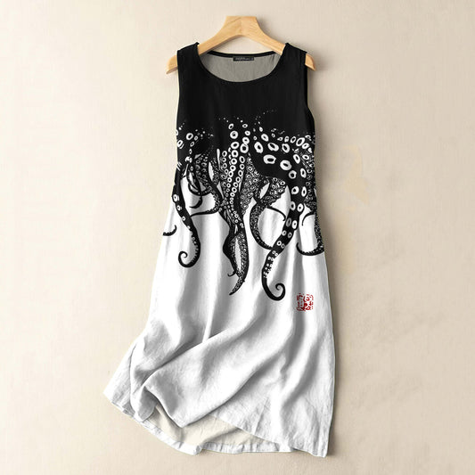 Comstylish Vintage Japanese Art Octopus Legs Print Sleeveless Cotton And Linen Midi Dress