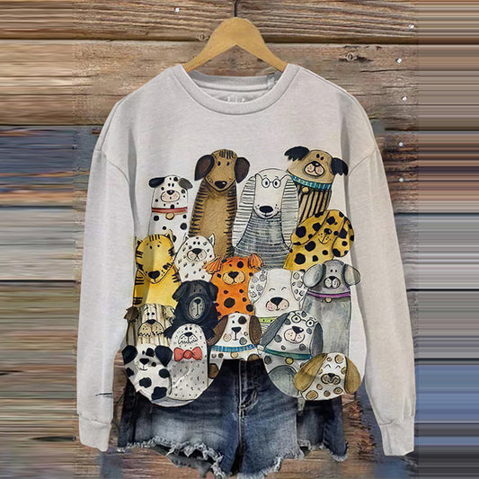 Comstylish Women's Dogs Gathering Print Long Sleeve Sweatshirt