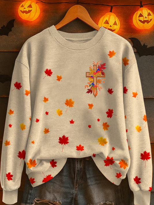 Women's Autumn Maple Leaf Faith Print Crew Neck Sweatshirt artswardrobe