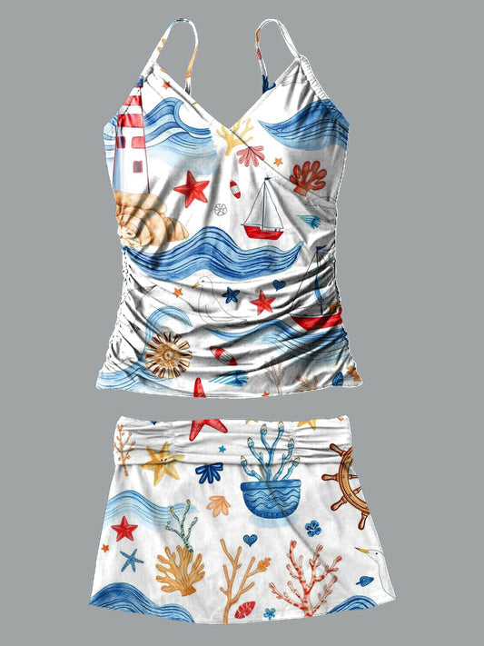 Wave Lighthouse Ship V-Neck Vintage Flowers Print Suspender Skirt Tankini Pantskirt Set Swimsuit