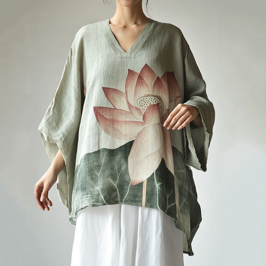 Boho Floral Lotus Print Cotton And Linen Blend Loose Blouse artswardrobe