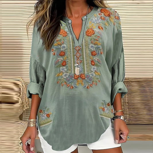 Women's Retro Ethnic Flower Embroidery Art V-neck Shirt artswardrobe