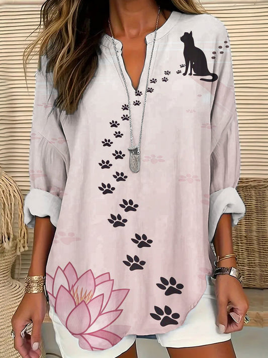 Japanese Style Cat Paw Print Pattern Women's Linen Shirt elevenforest