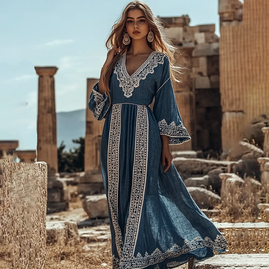 Vintage Greek-inspired V Neck Linen Blend Maxi Dress artswardrobe