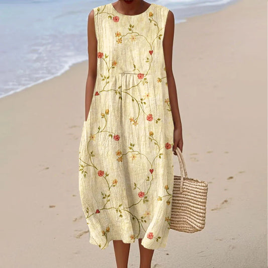 Women's Vintage Floral Art Linen Vest Dress artswardrobe