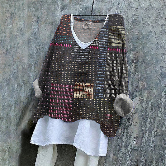 Comstylish Women's Japanese Style Stitch Art Pattern Vintage Linen Shirt