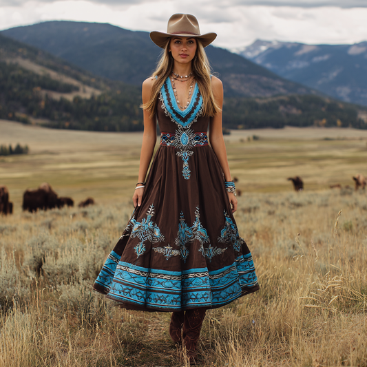 Women's Western Print V-neck Sleeveless Maxi Dress artswardrobe