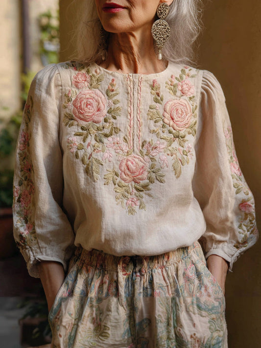 Comstylish Women's Vintage Pink Floral Design Cotton And Linen Blend Shirt