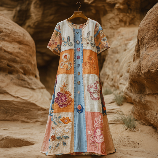 Women's Vintage Tribal Floral Patch Cotton And Linen Dress artswardrobe
