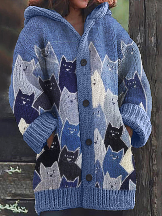 Crowded Cats Denim Patchwork Art Cozy Knit Hooded Cardigan elevenforest