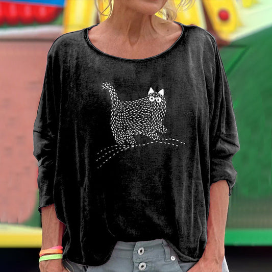 Comstylish Women's Cute Cat Japanese Art Embroidered Long Sleeve T-shirt