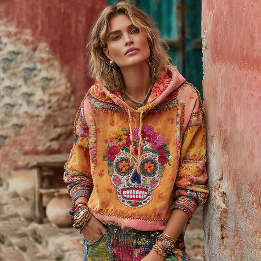 Comstylish Women's Classic Mexican Sugar Skeleton Catrina Day Of The Dead Inspired Painting Embroidered Casual Linen V Neck Long Sleeve T-shirt