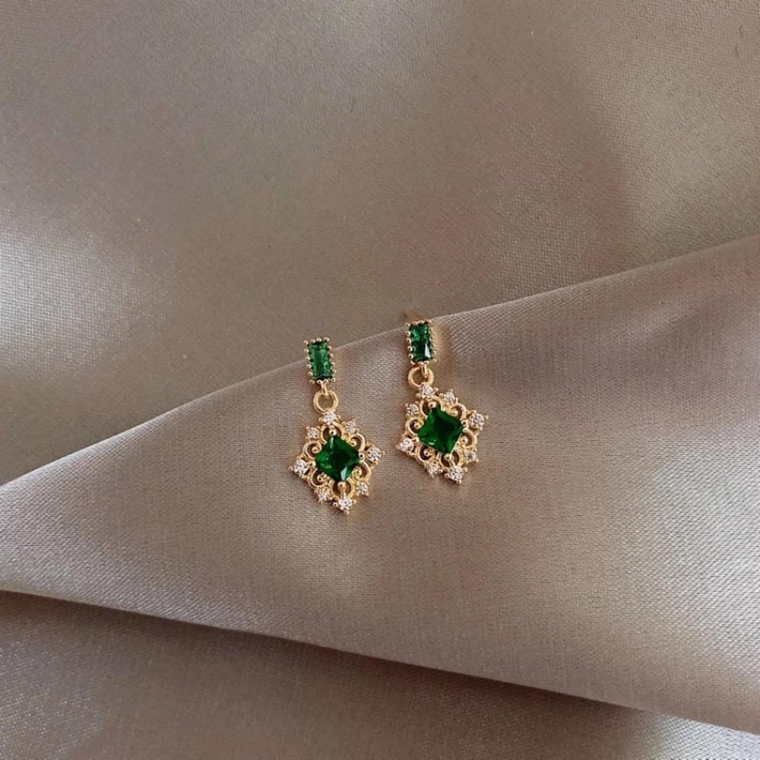 Green Zirconia Earrings in Gold