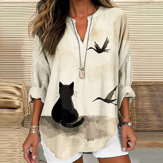 Comstylish Japanese Ink Cat Art Print Vintage Linen Tunic